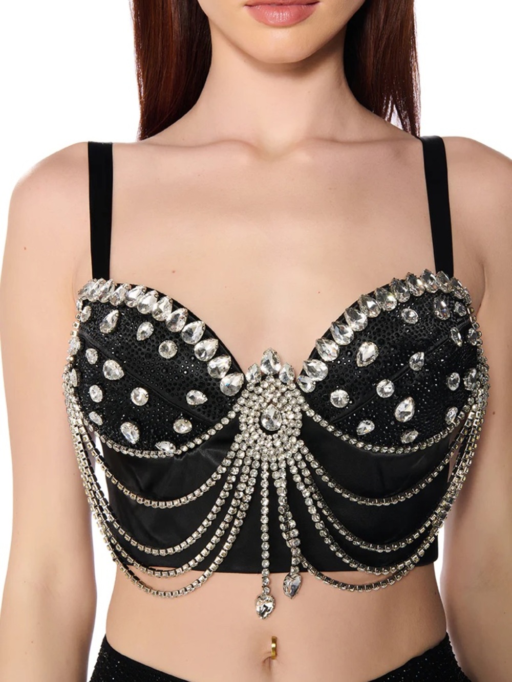 Embellished Rhinestone Black Bustier Crop Top